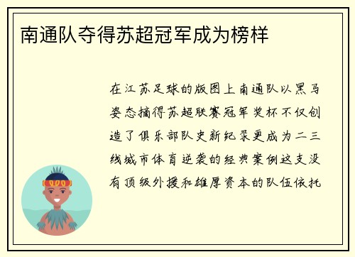 南通队夺得苏超冠军成为榜样